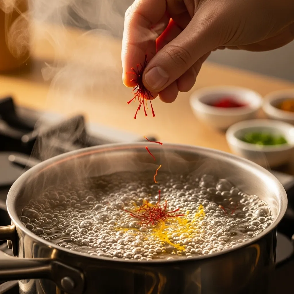 Adding saffron to boiling water