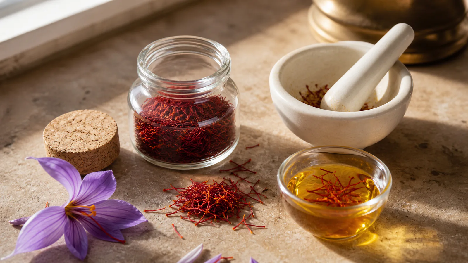 Saffron benefits and safety guide with threads, mortar and golden infusion