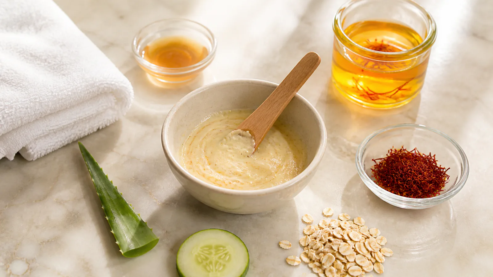 Saffron face mask ingredients arranged in small ceramic bowls