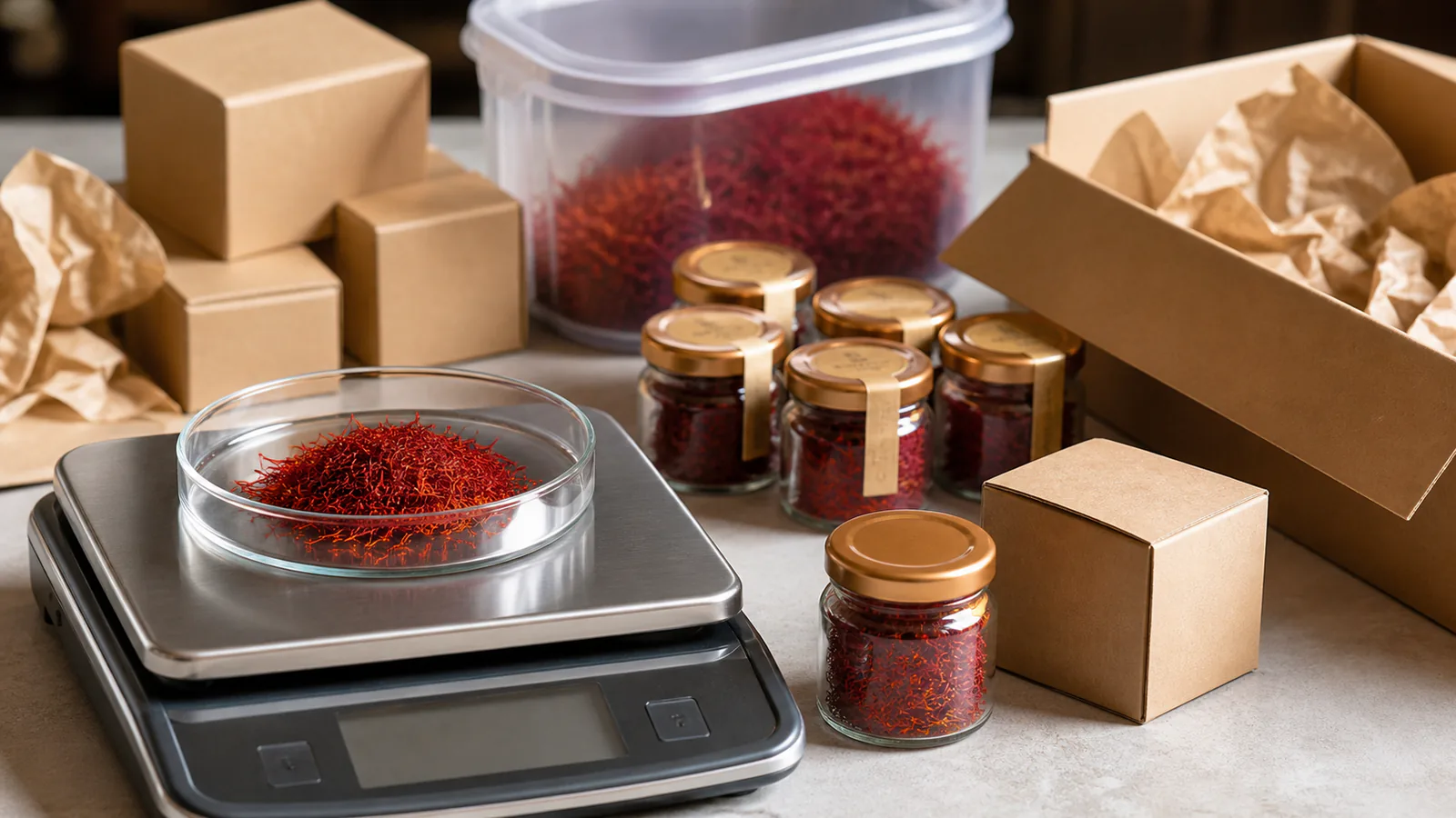 Iranian saffron exports prepared in small packages beside a precision scale