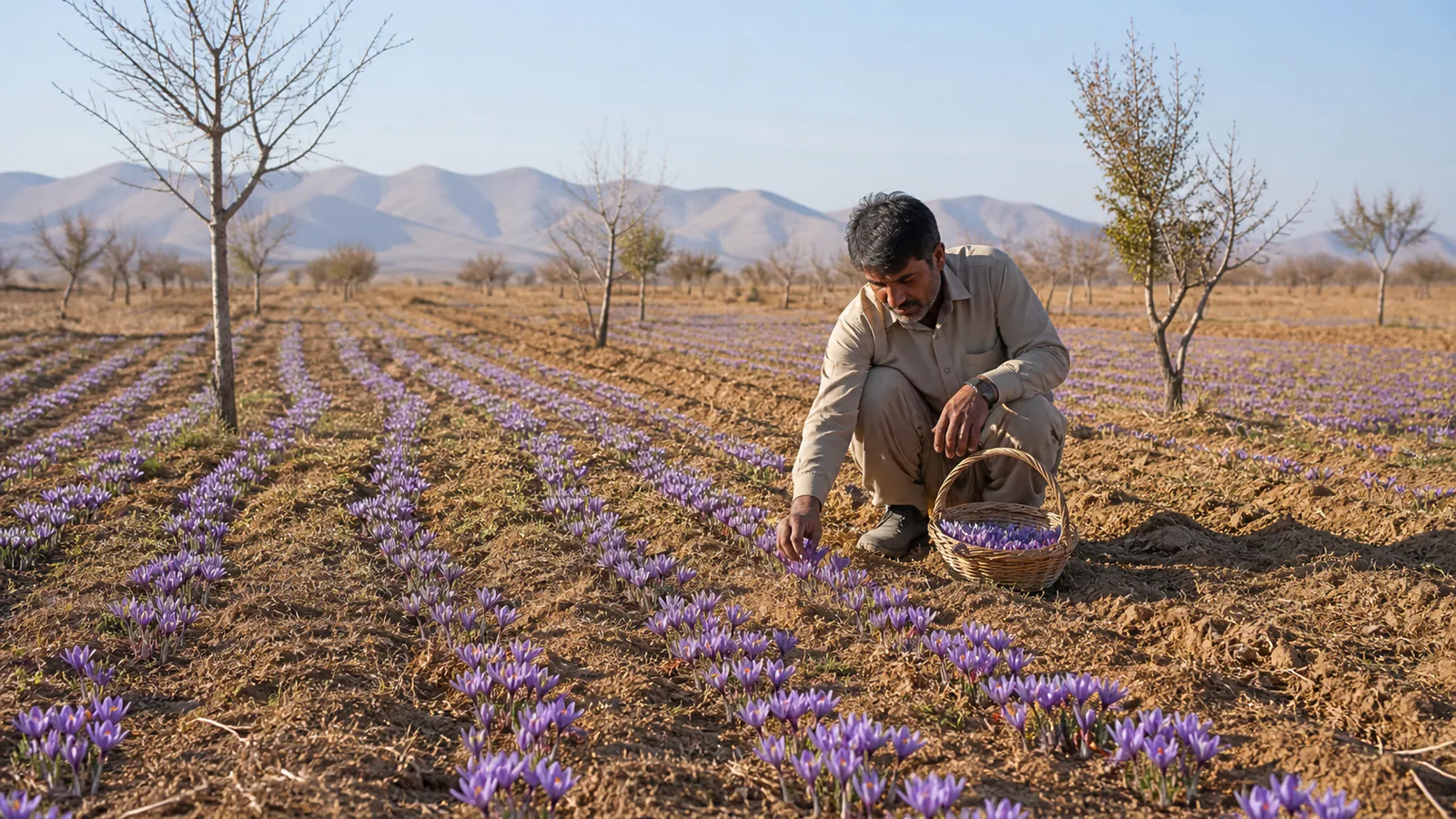 Saffron cultivation in Damghan with crocus rows on dry farmland