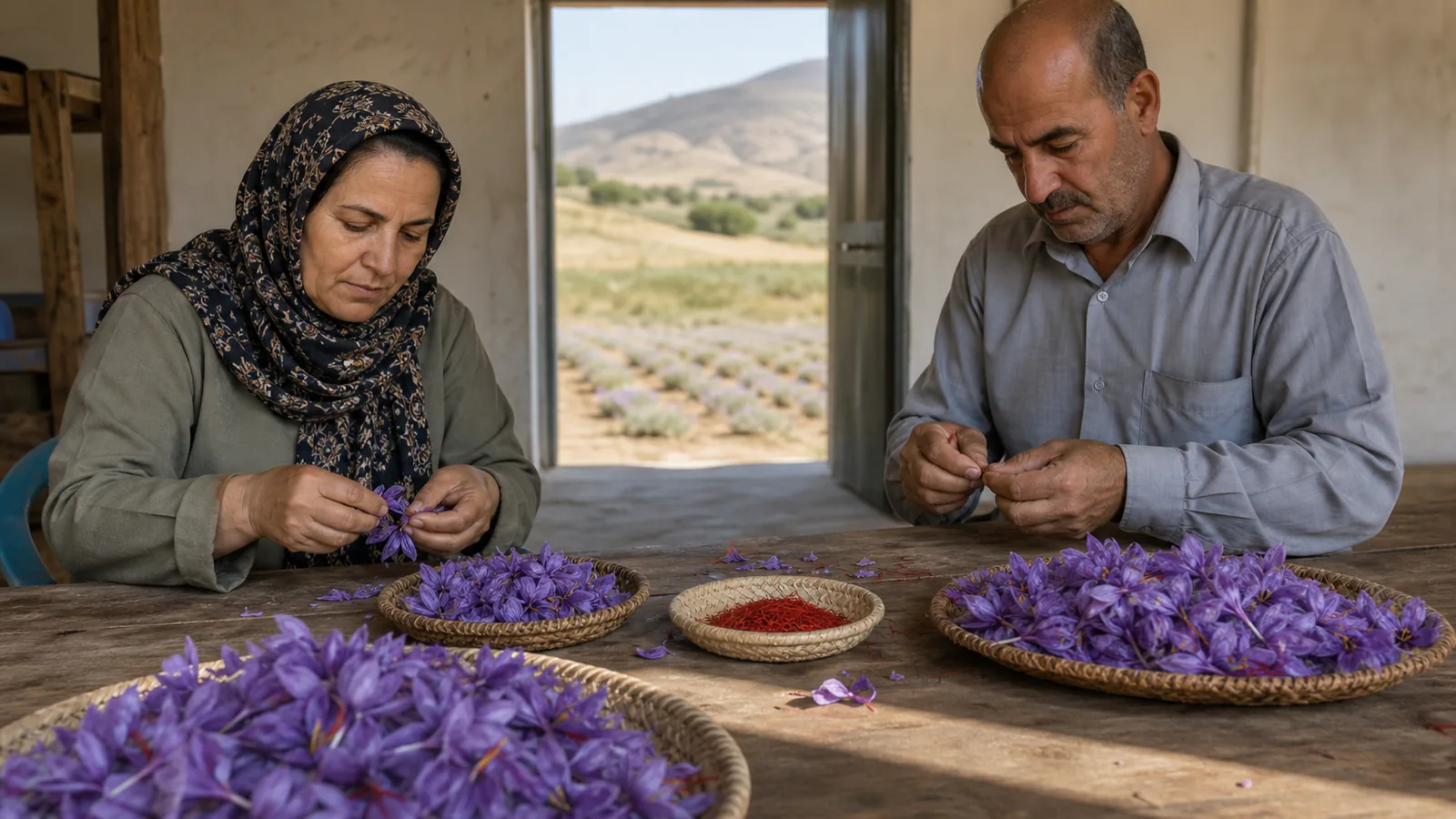 Kermanshah saffron harvest with flowers being sorted after picking