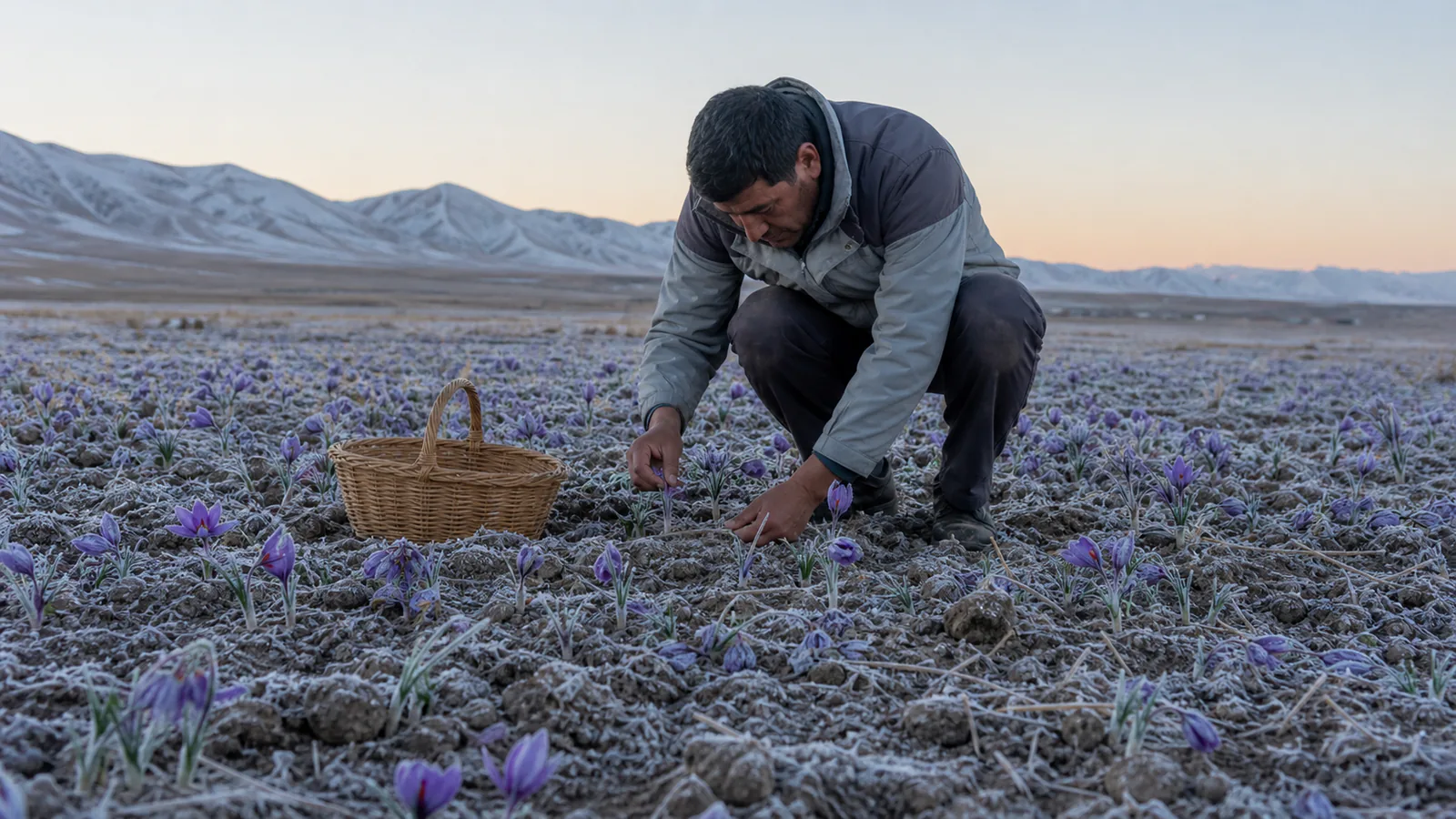 Khorasan Razavi saffron harvest after frost in a cold field