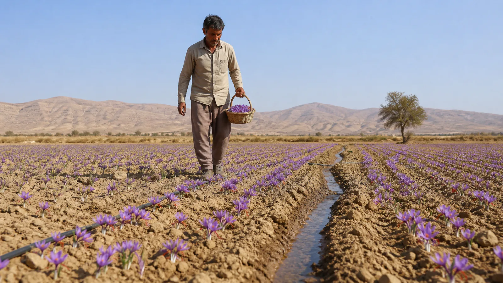 Sabzevar saffron harvest in dry farmland with limited irrigation