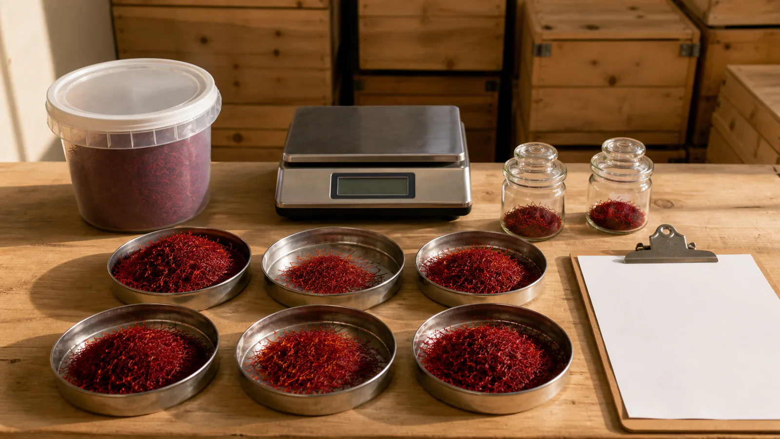 Iran saffron export value represented by graded threads, samples, and a precision scale