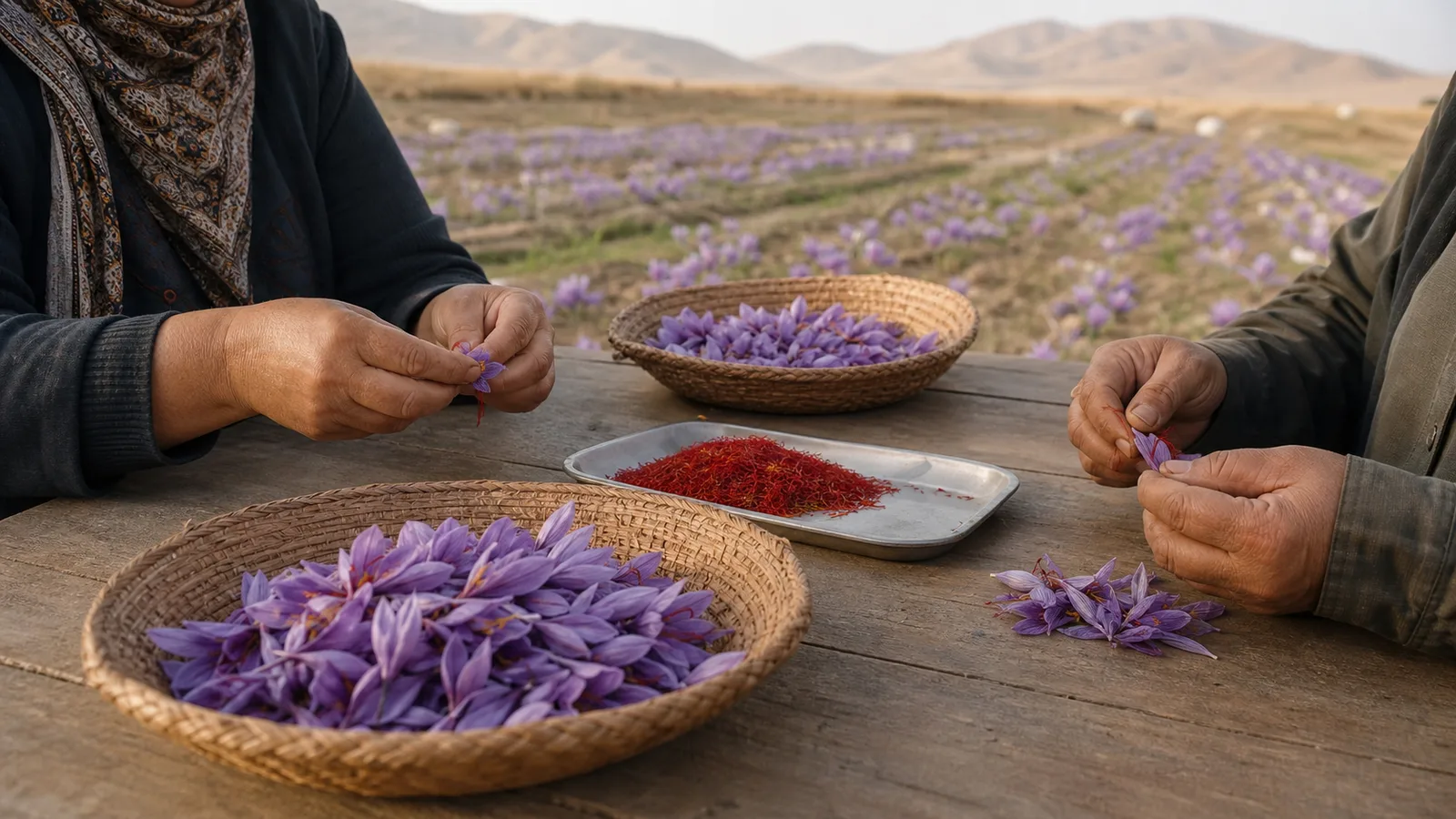 Workers separating crocus stigmas during North Khorasan saffron production
