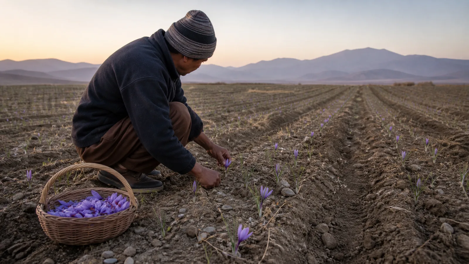 Farmer inspecting a sparse field after the Khalilabad saffron yield decline