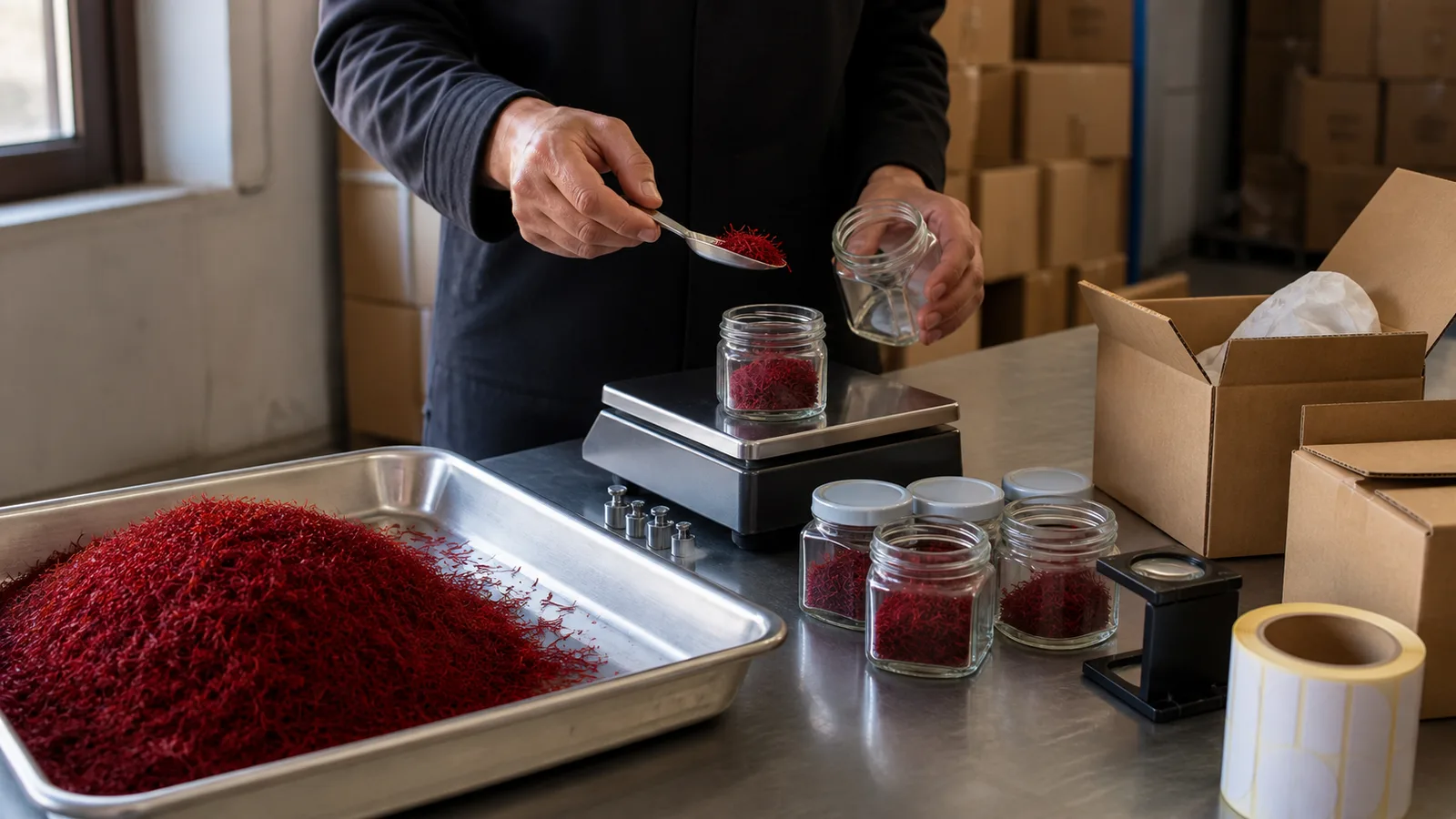 Worker weighing saffron for Iranian saffron exports and protective packaging