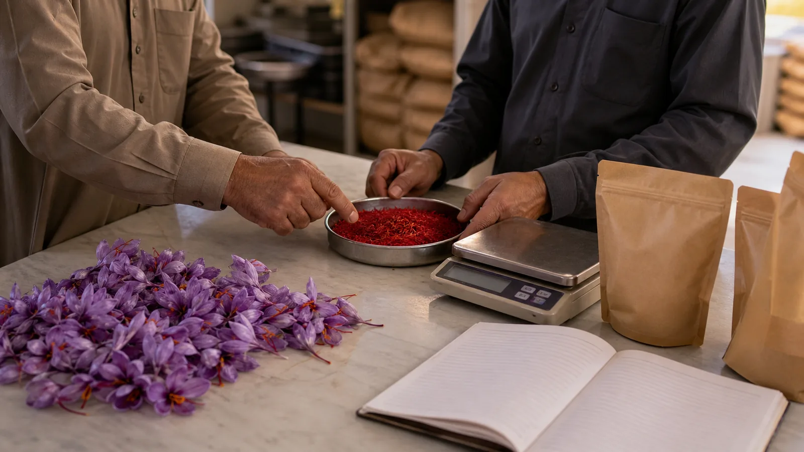 Grower and buyer examining saffron in a historical Iranian saffron price market