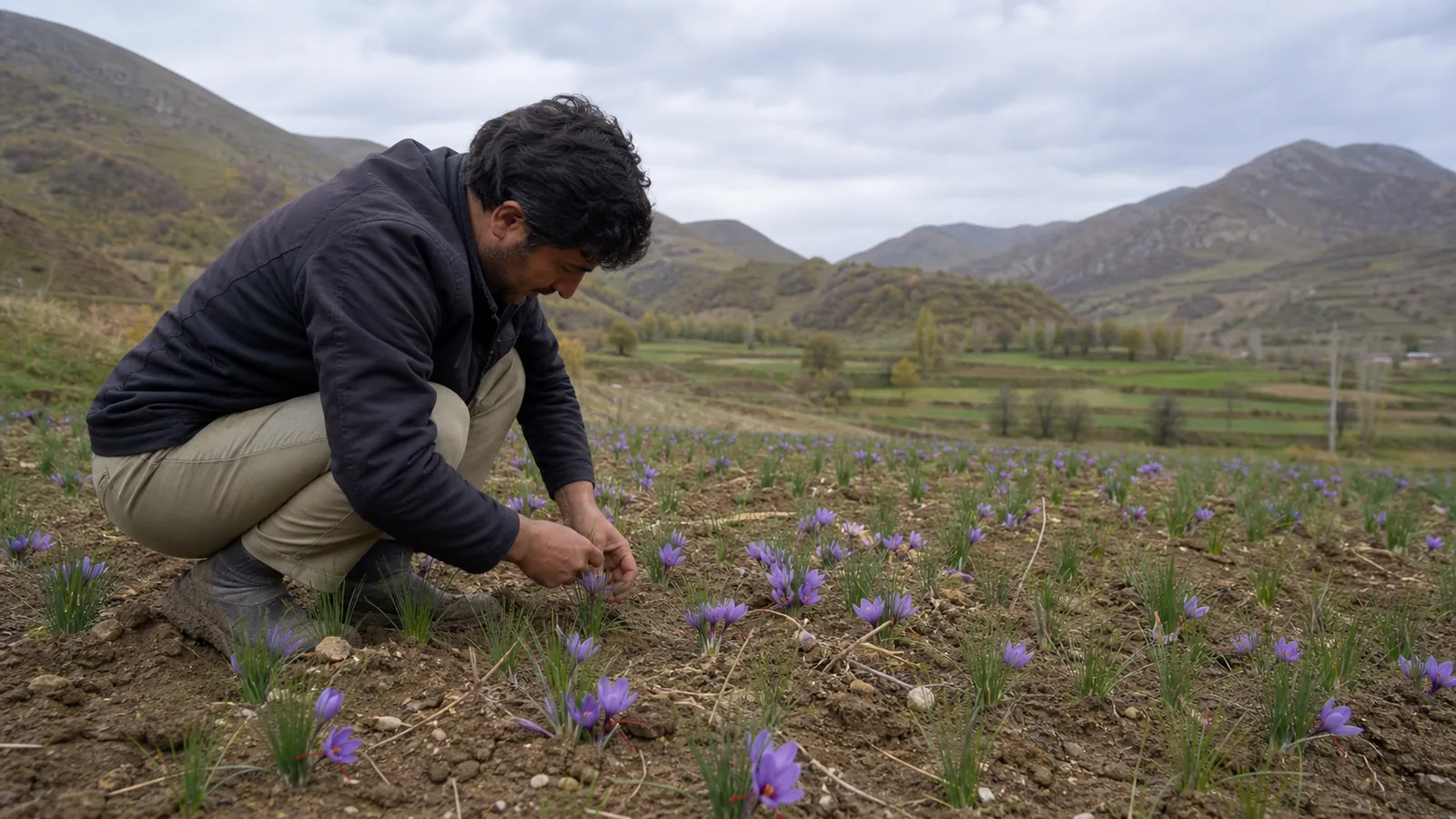 Grower inspecting saffron cultivation in a highland field outside Khorasan