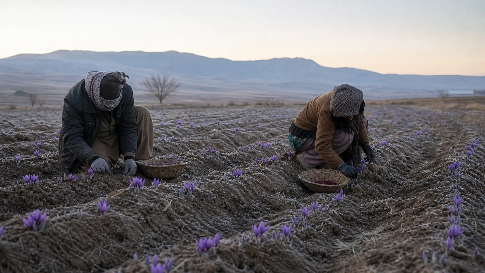 Workers gathering a reduced Torbat-e Heydariyeh saffron harvest on a cold morning