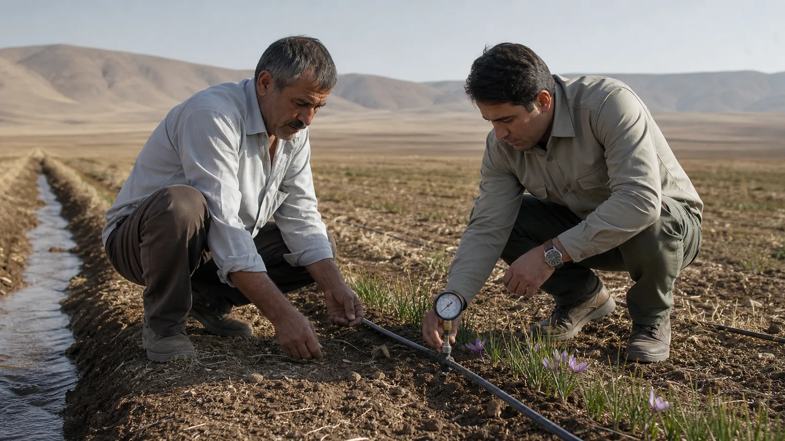 Farmer and technician inspecting irrigation in a dry Rashtkhar saffron field