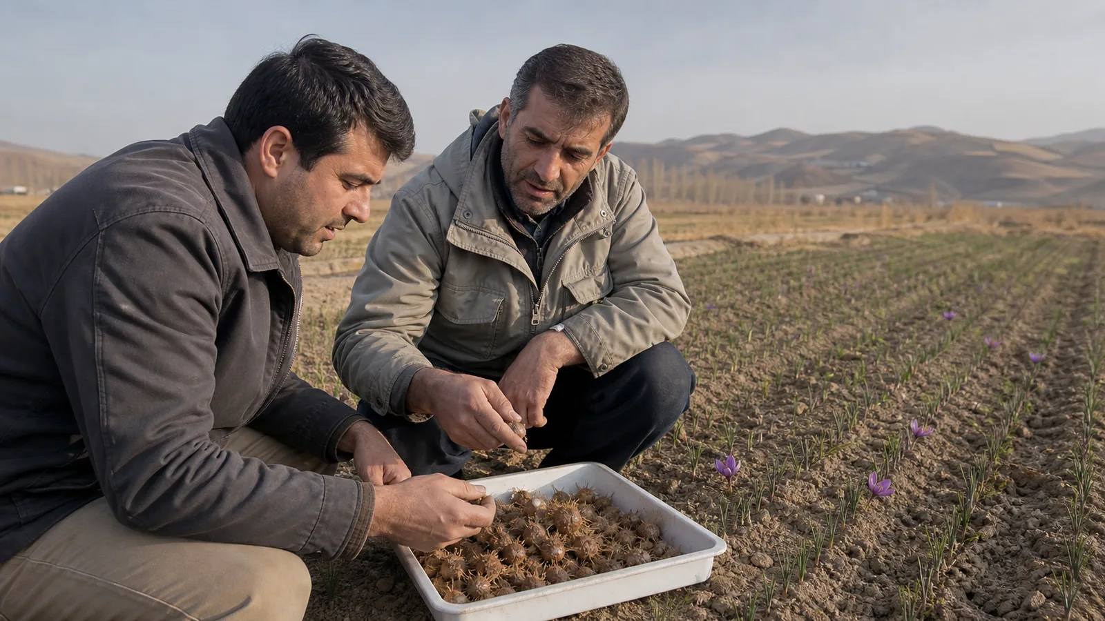 Grower and adviser inspecting saffron corms beside a young Zanjan field