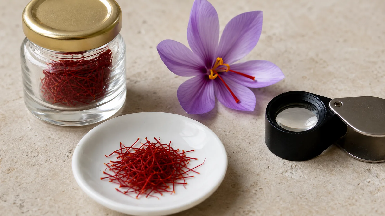 Whole saffron threads being inspected beside a crocus flower and sealed glass jar