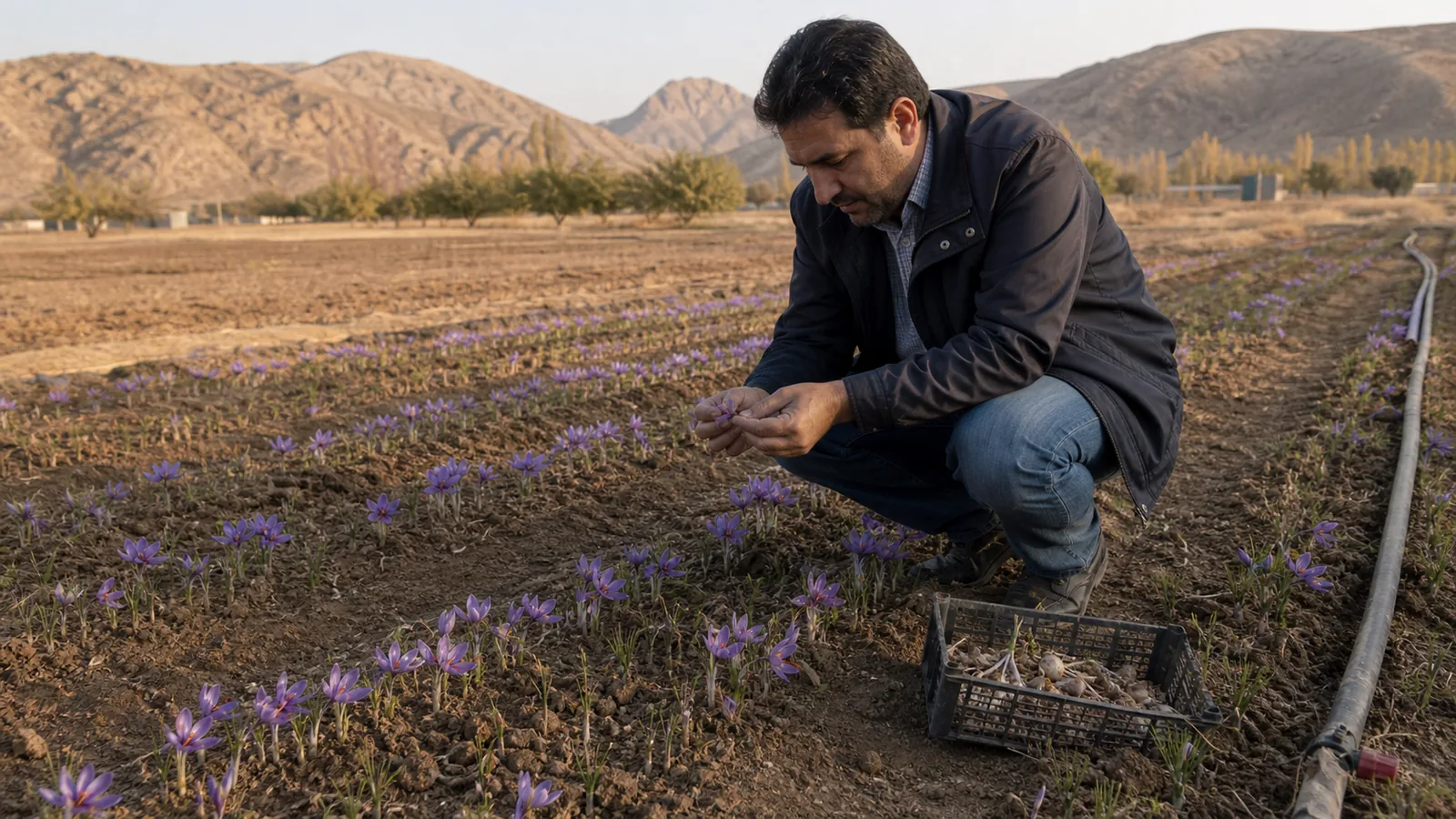 Agronomist inspecting saffron flowers and irrigation in a regional Iranian field