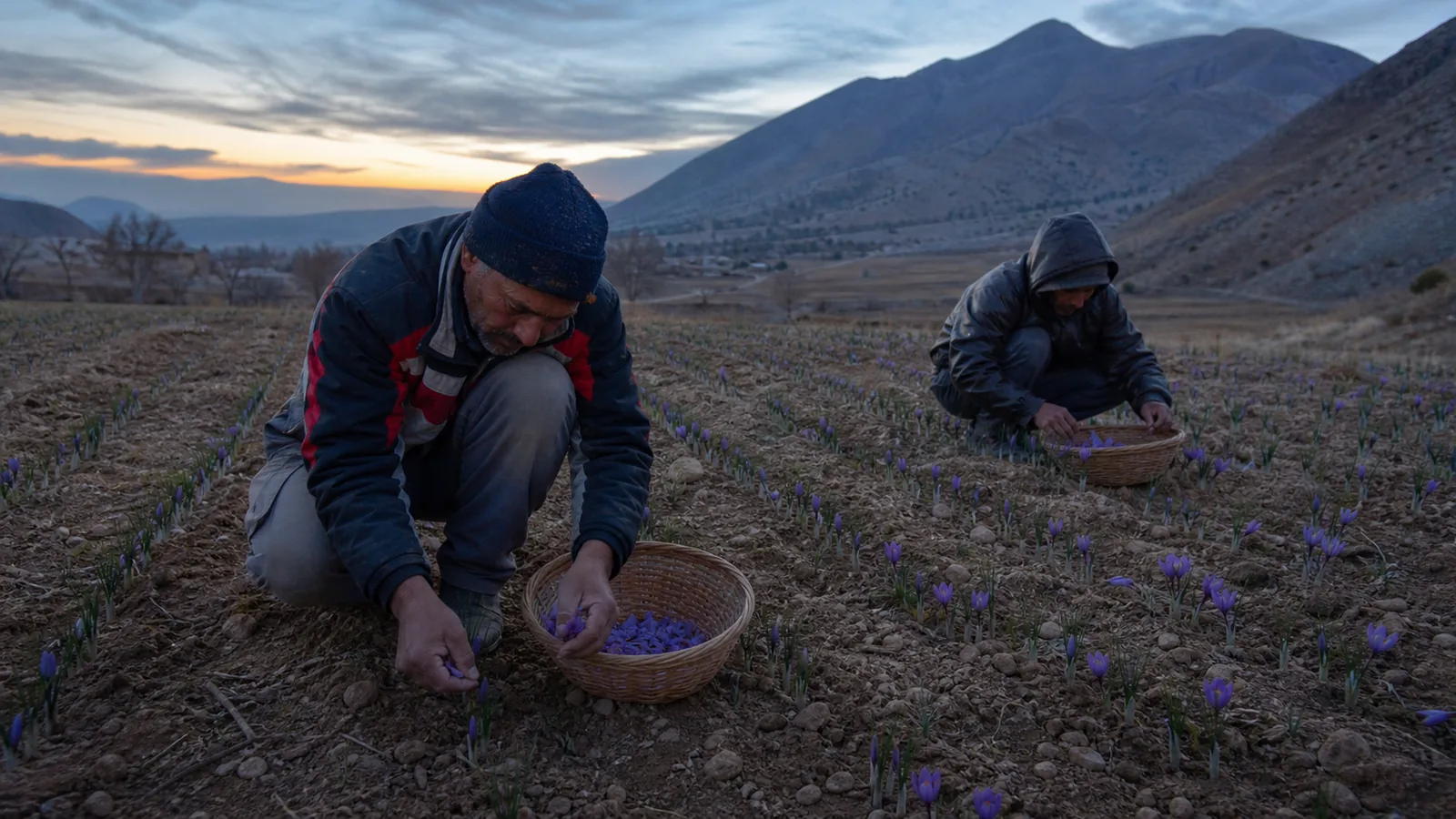 Farm workers picking saffron flowers before sunrise in a Hamedan field