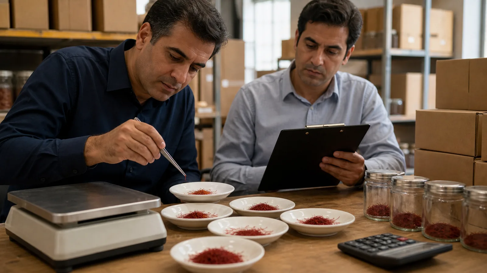 Saffron traders inspecting wholesale threads beside a scale and shipment cartons