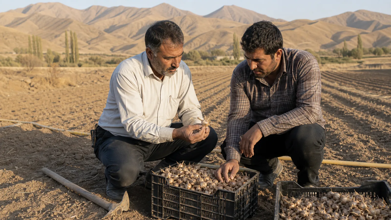 Agricultural adviser inspecting saffron corms beside a Kerman mountain field