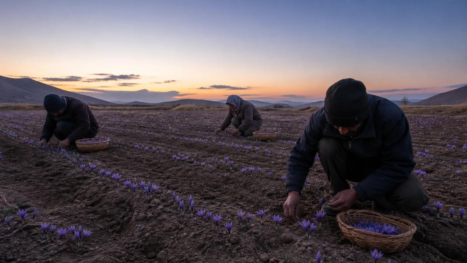 Workers harvesting saffron in a dry Torbat-e Jam field at dawn
