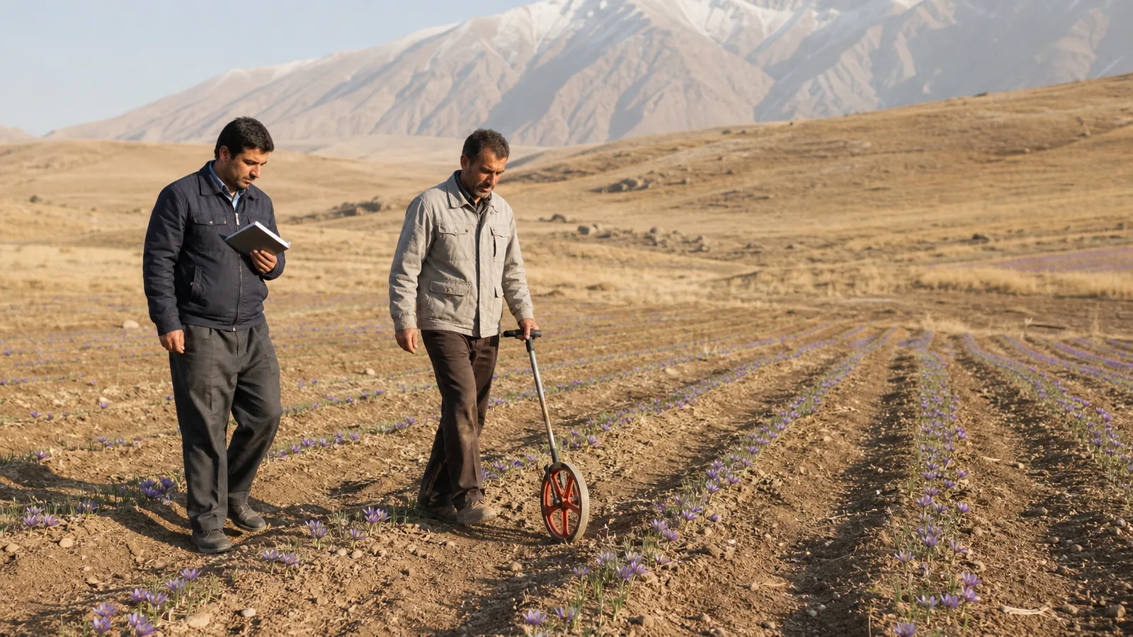 Grower and adviser surveying saffron rows below the Alvand mountains in Hamedan