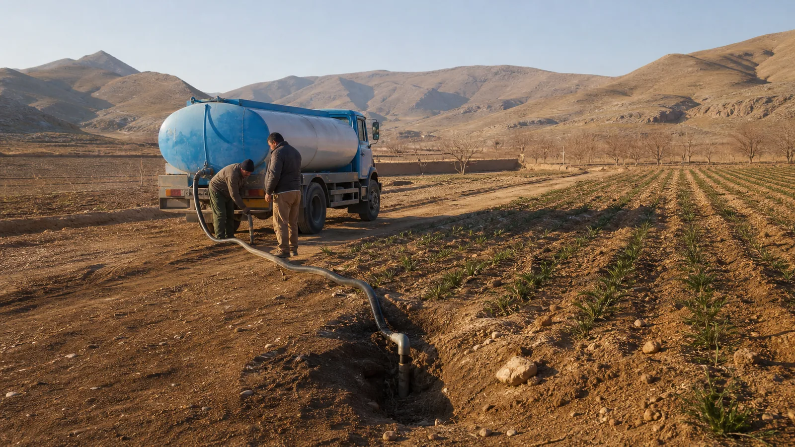 Water tanker supplying a saffron field in the dry foothills of Bardaskan