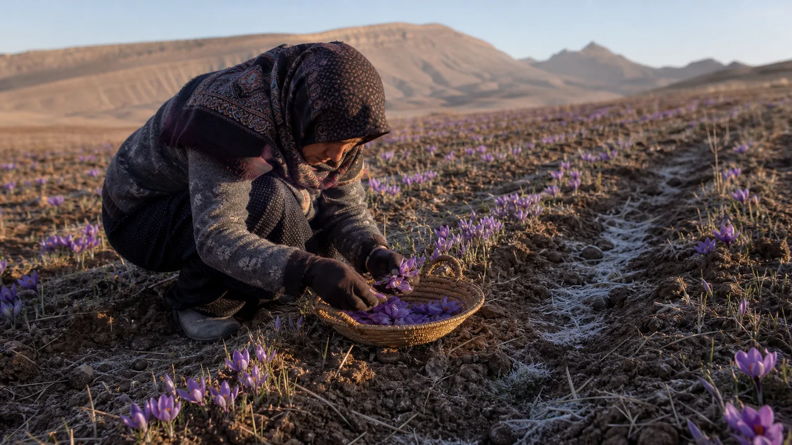 Farmer harvesting saffron in the highland fields of Fereydan