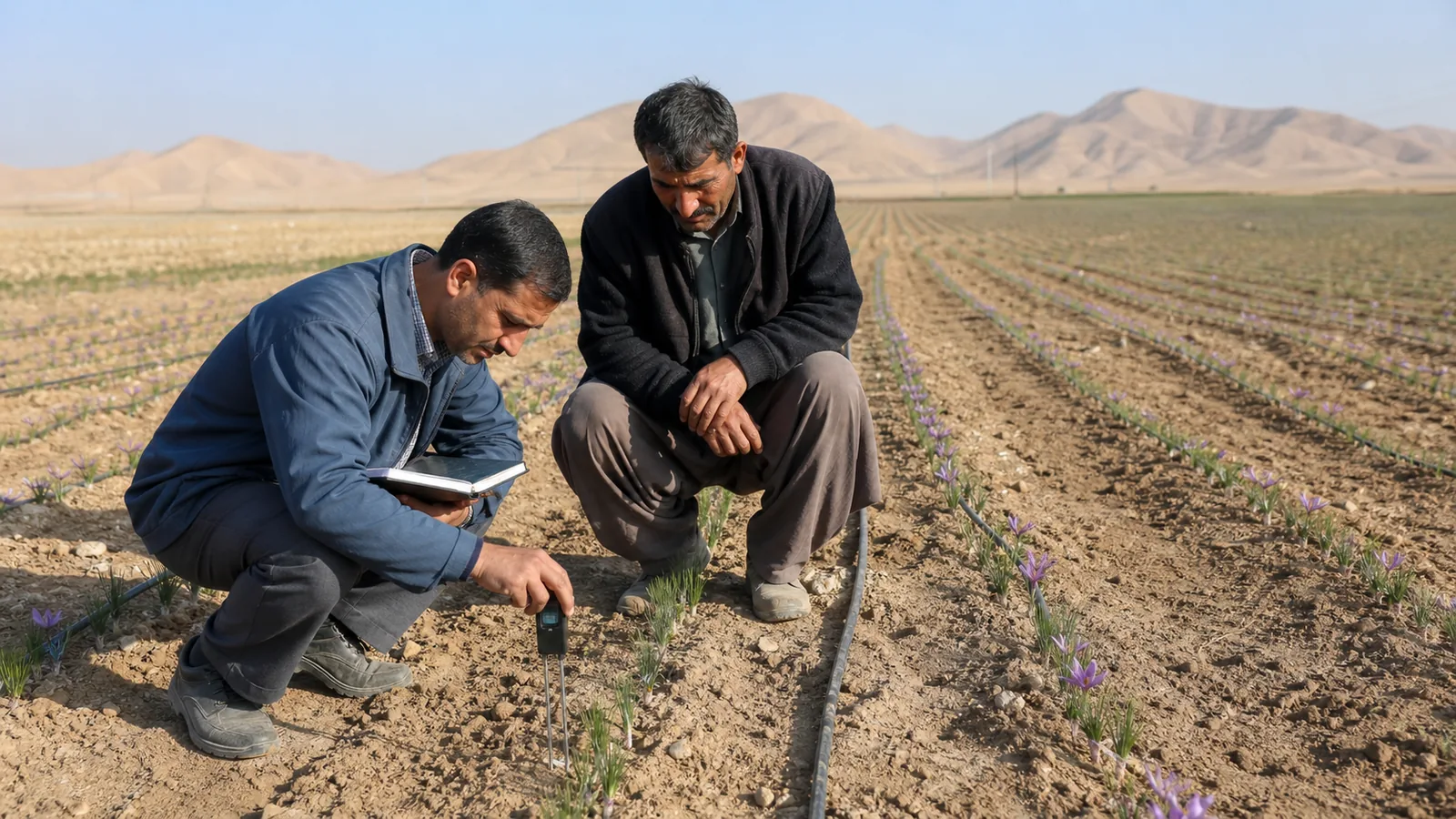 Agricultural adviser inspecting saffron rows in Khorasan Razavi