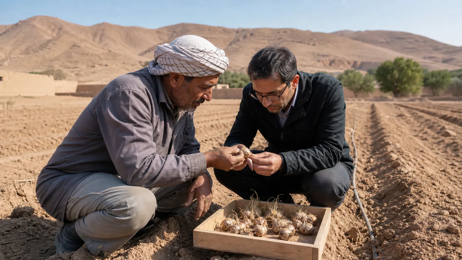Grower and agricultural adviser inspecting saffron corms beside a Meybod field