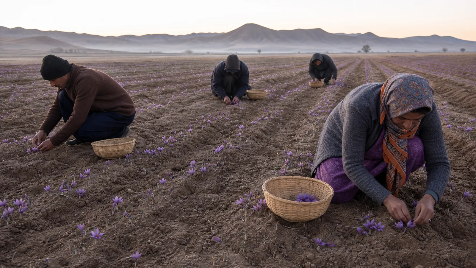 Small harvest team gathering saffron flowers in Khorasan, Iran