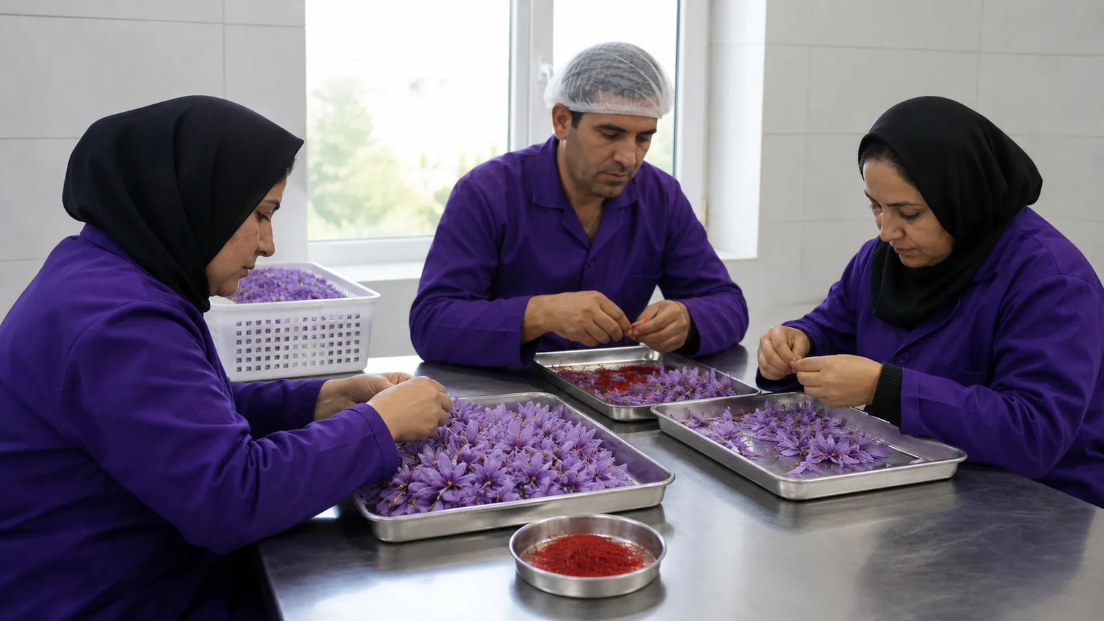 Workers separating saffron stigmas in a clean Iranian processing room