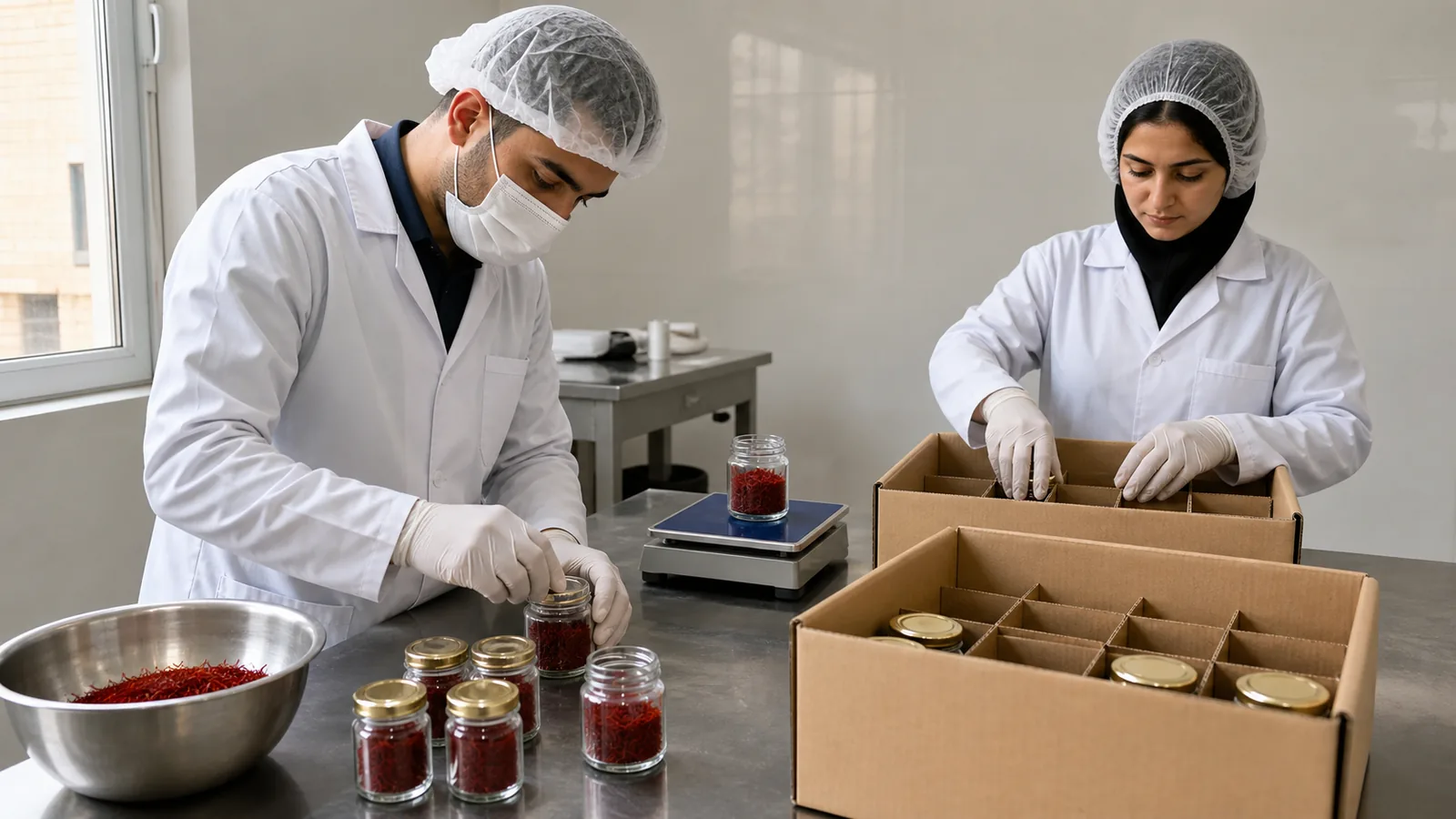 Workers packing and checking Iranian saffron for export