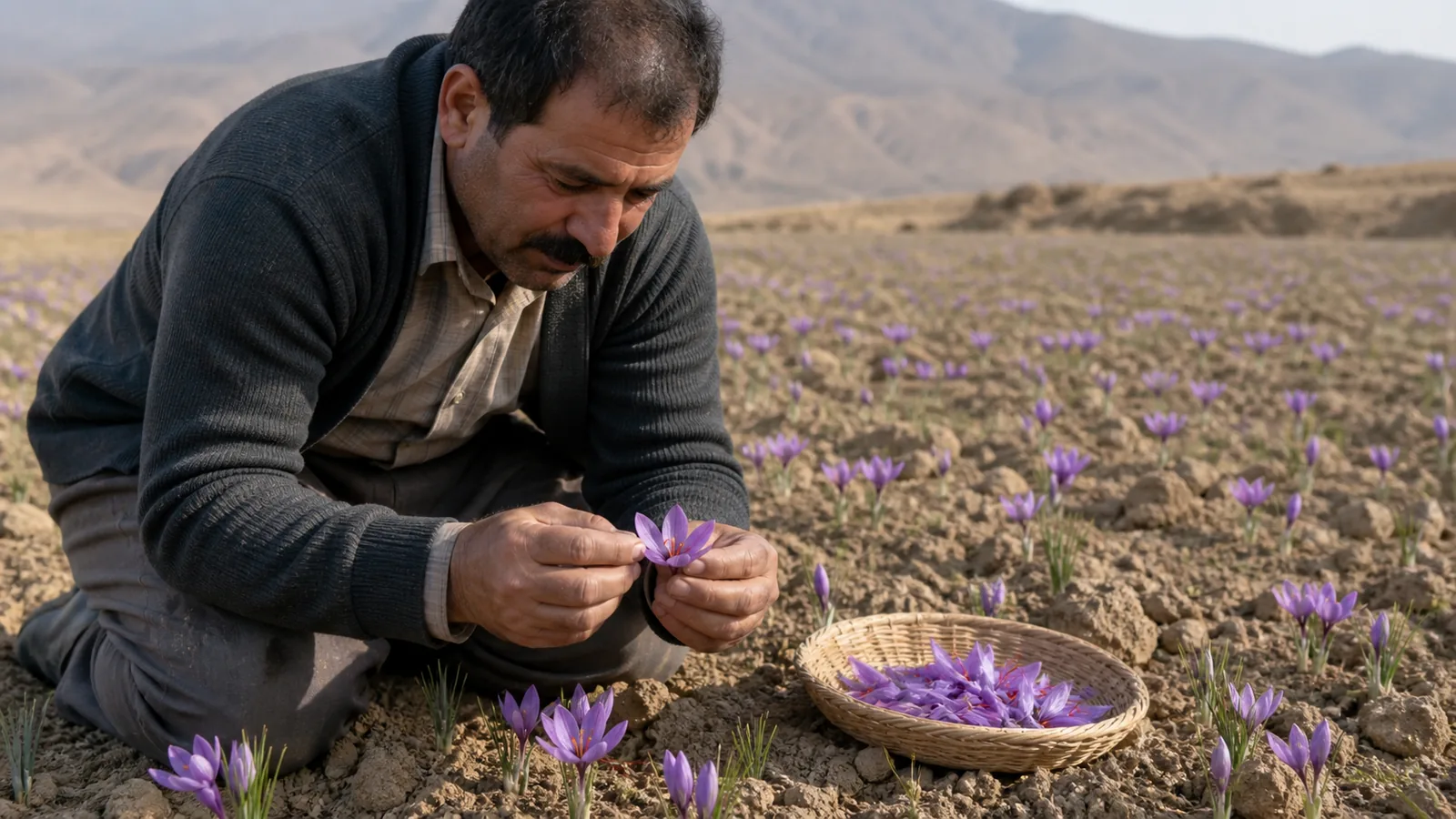 Grower examining a purple saffron flower in an Iranian saffron field
