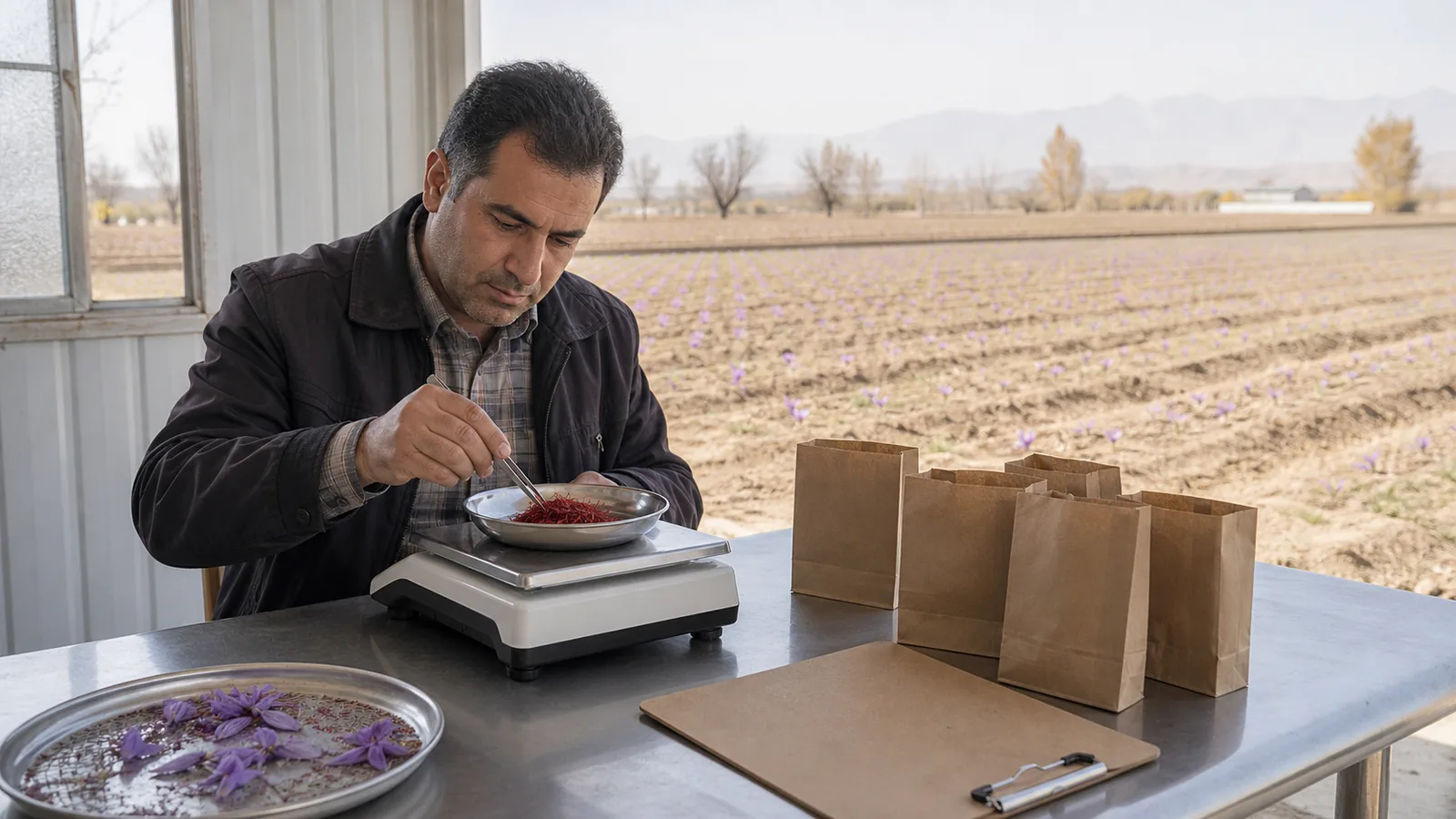 Agronomist weighing dried saffron from a measured field harvest