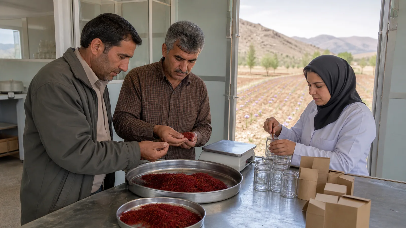 Saffron growers reviewing a modest harvest at a Kermanshah packing workshop