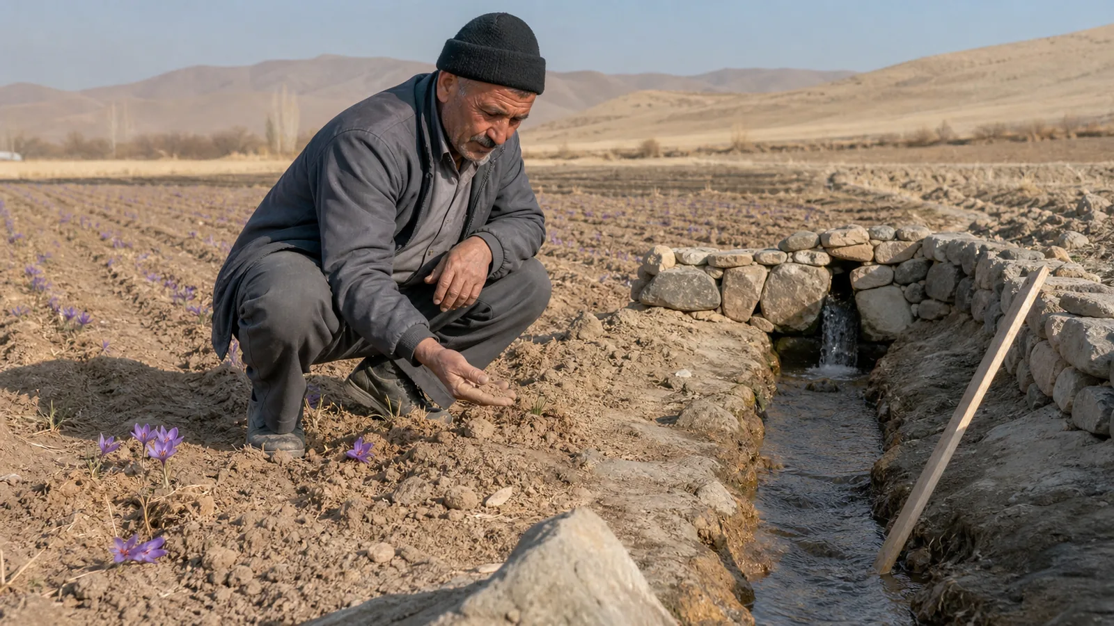 Farmer checking dry soil and a qanat channel beside a Torbat Heydariyeh saffron field