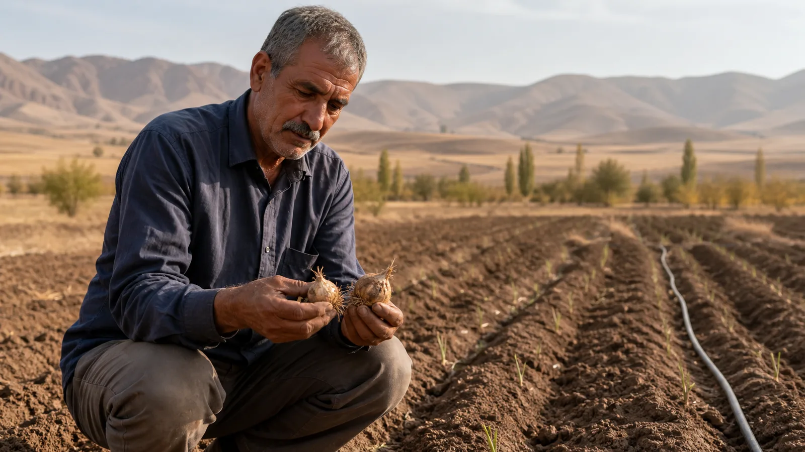 Farmer inspecting saffron corm rows in a dry field near Bonab and Marand
