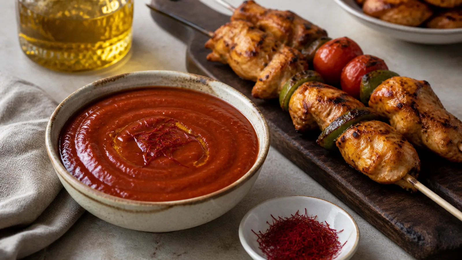 Saffron barbecue sauce served with grilled chicken kebabs and tomatoes
