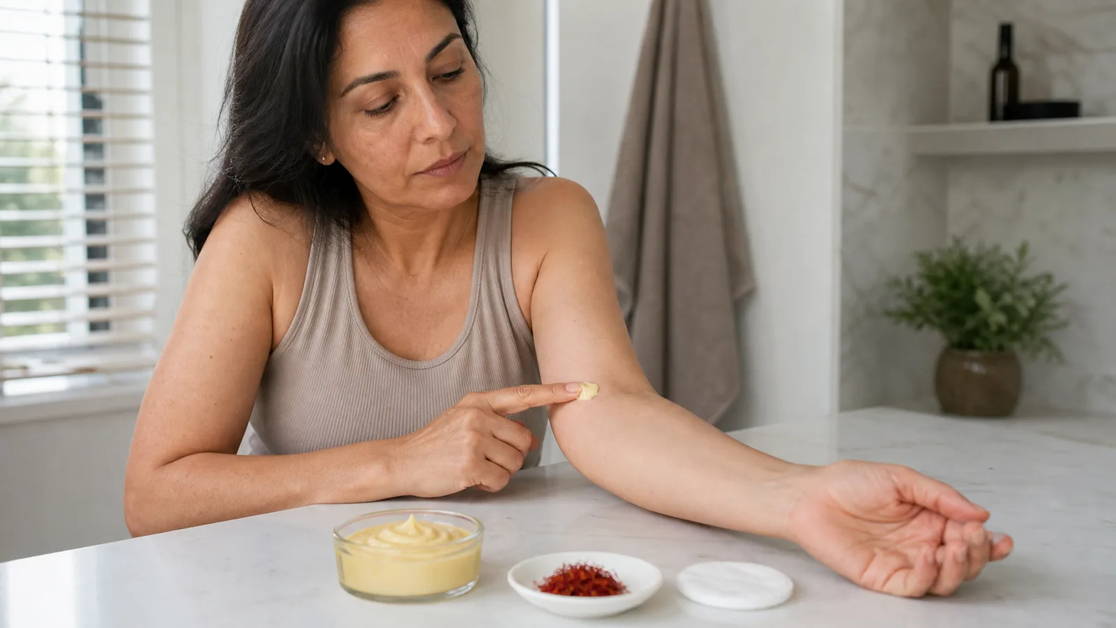 Woman patch-testing an unbranded saffron skincare cream on her forearm