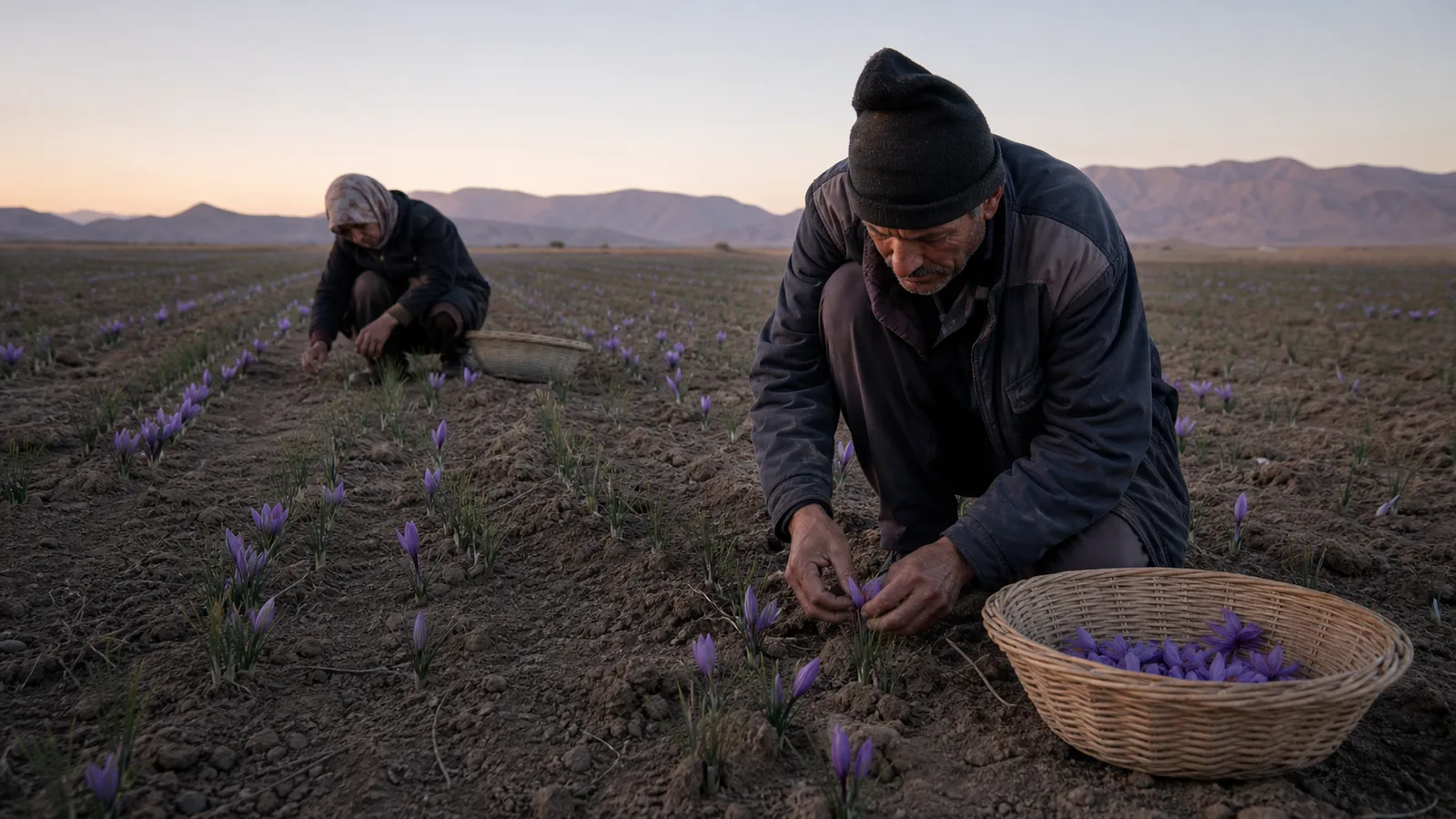 Workers manually picking saffron flowers at the start of Iran's harvest