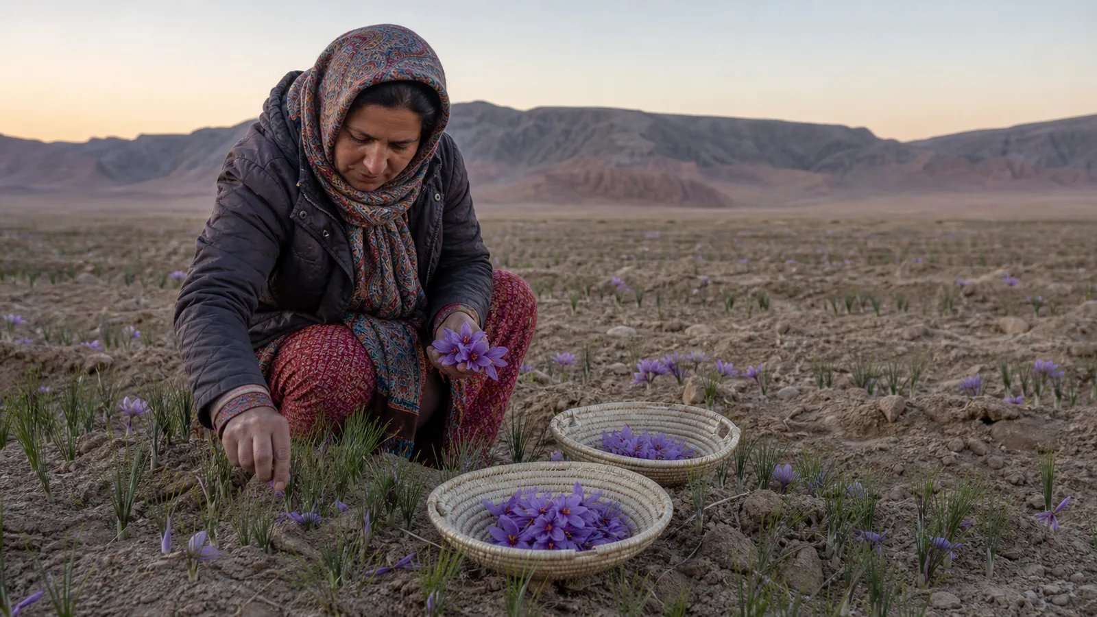 South Khorasan saffron flower harvest in a field near Qain