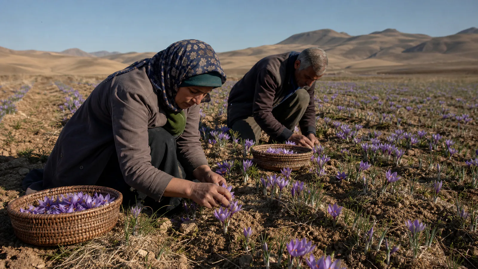 Markazi saffron harvest with freshly picked crocus flowers