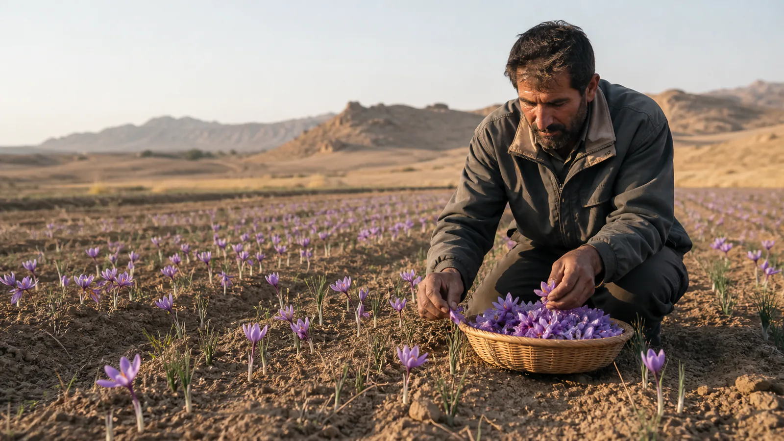 Damghan saffron harvest in a small Iranian crocus field