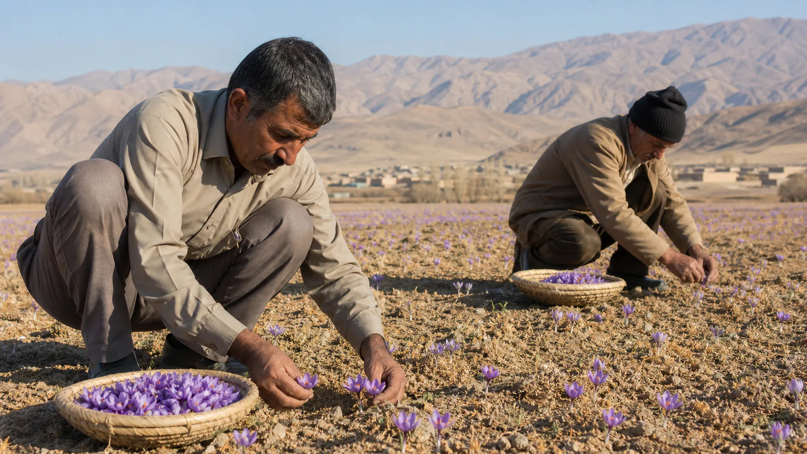 Natanz saffron harvest with crocus flowers near Torqorud