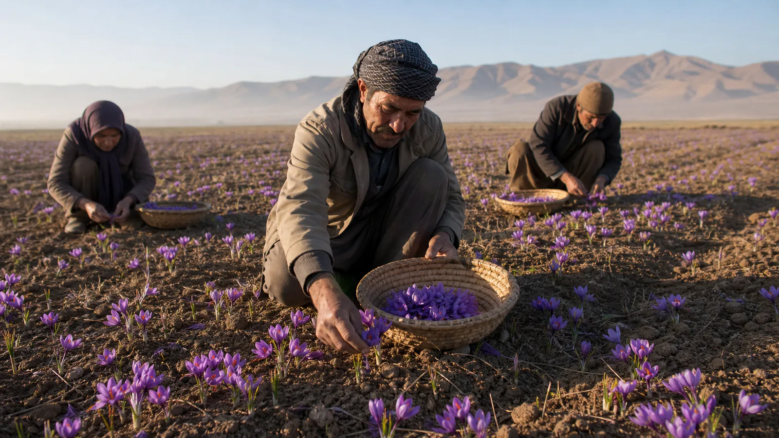 Kashmar saffron harvest with crocus flowers and field workers