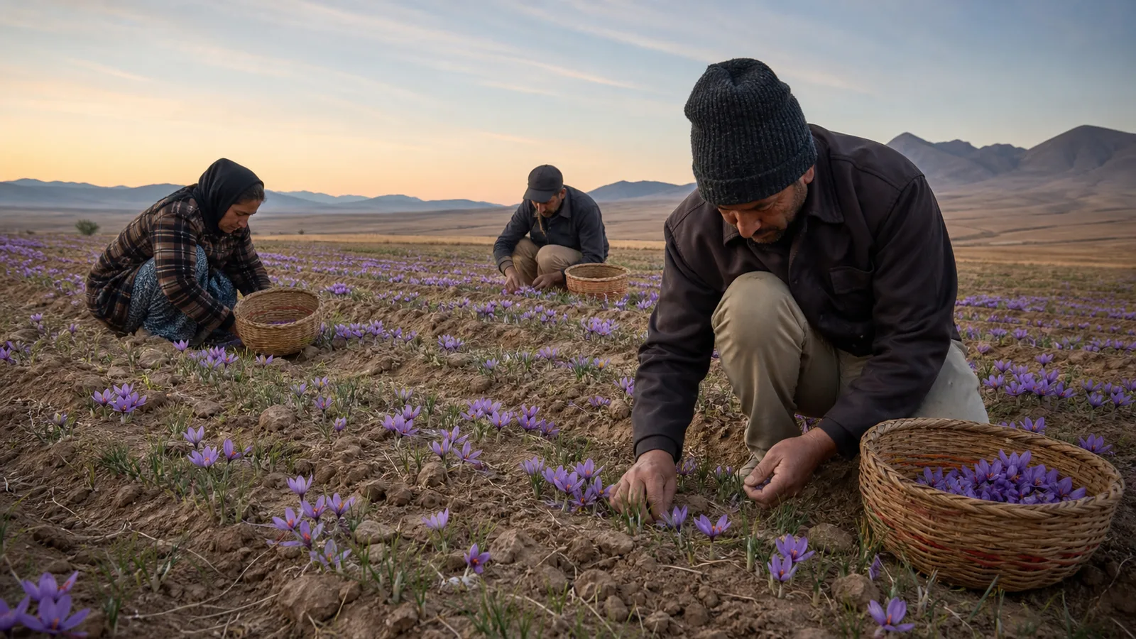 Workers harvesting saffron flowers in a Golpayegan-area field