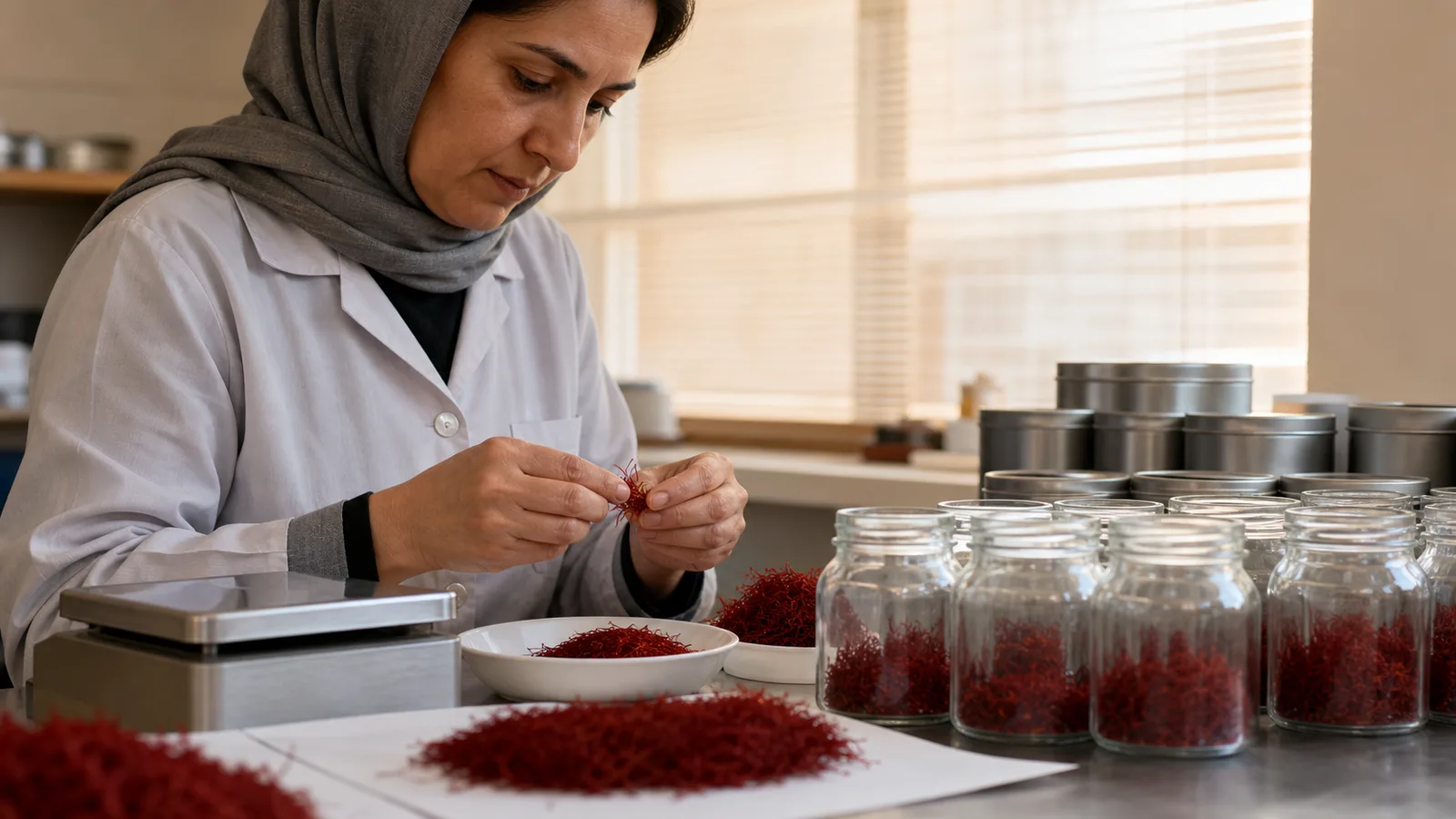 Saffron threads and plain retail packaging prepared for quality inspection