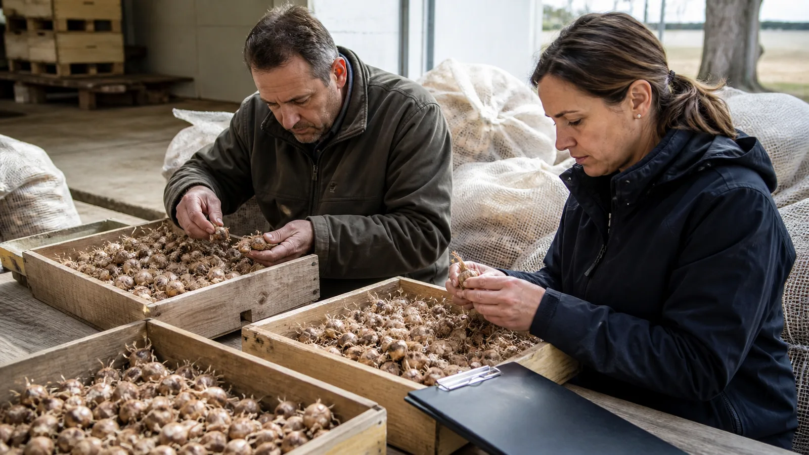 Saffron corms being inspected and sorted before planting
