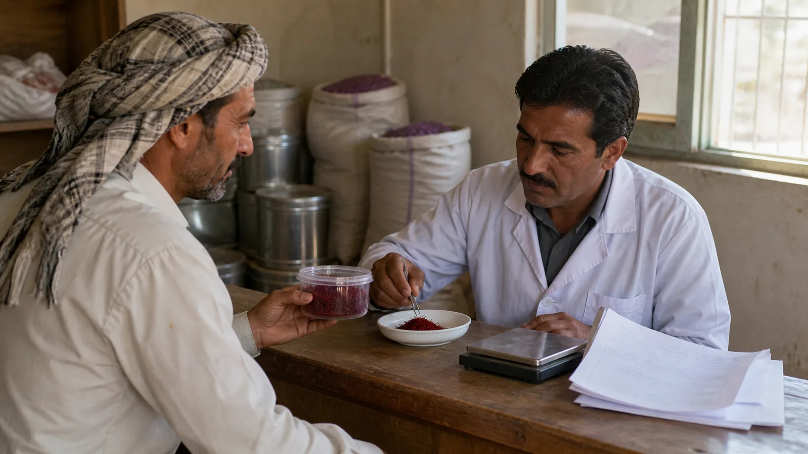 Farmer presenting dried saffron for inspection at a cooperative purchase centre