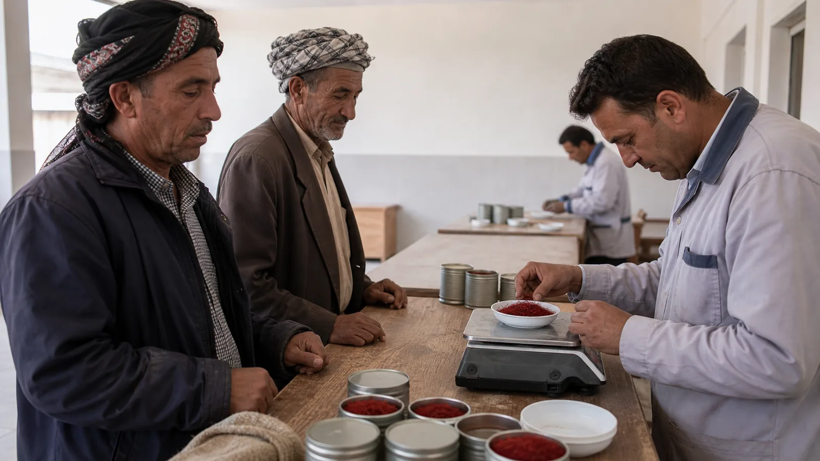 Khorasan Razavi saffron growers delivering dried threads to a cooperative buyer