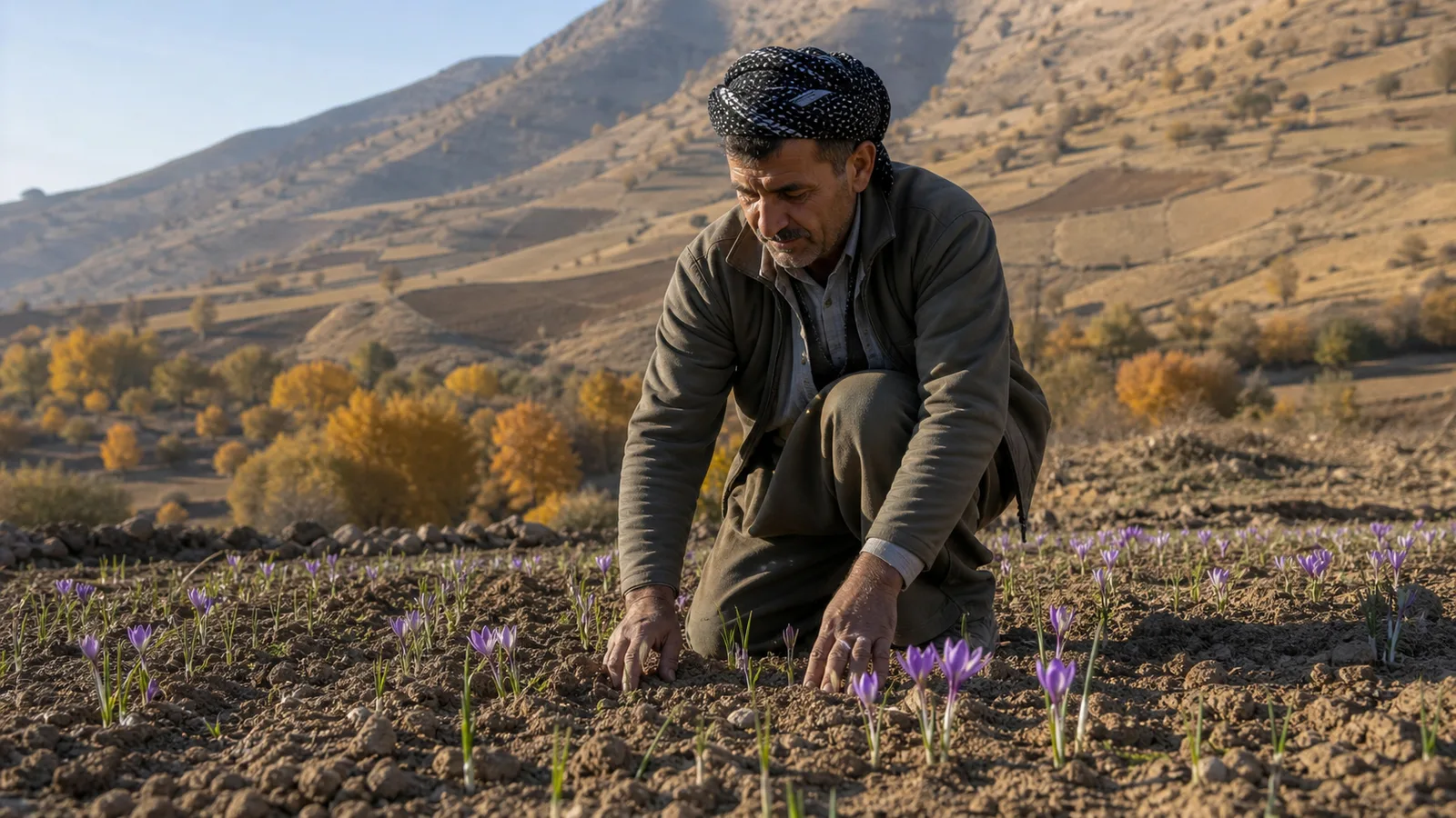 Saffron farmer inspecting autumn crocus rows in the Zagros foothills of Kurdistan